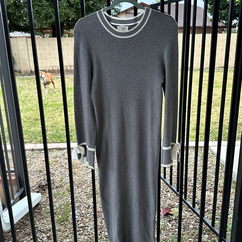 Gray and White Long Sleeve Dress W/ Bow Accents